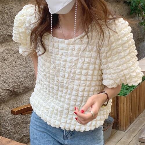 Korea Chic Niche Design Round Neck Pullover Loose Casual Three-Dimensional Bubble Cotton Wild Short-Sleeved Shirt Top Women