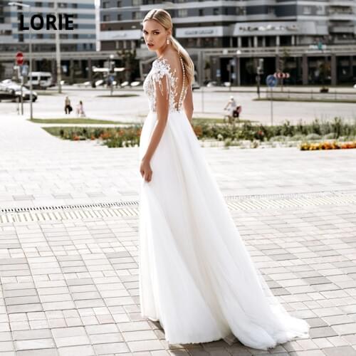 LORIE Vintage Wedding Dresses 2021 Scoop Appliques Lace A-Line Chiffon Cap Sleeves Wedding Gown Bridal Dress robe de mariée