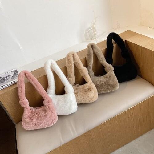 Fashion Solid Color Shoulder Underarm Bag Women Plush Soft Autumn Winter Fashion Fluffy Female Totes Handbag