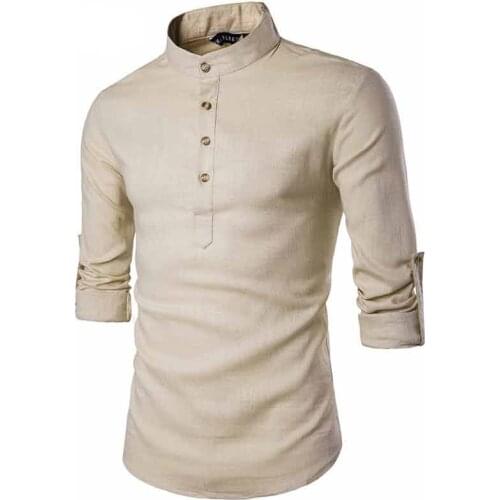 New Spring Summer Casual Men Linen Shirt Long Sleeve Solid V Neck Collar Leisure Shirts Men Clothing Morning Exercise Clothes