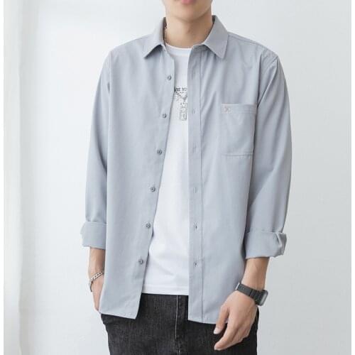 2021 Spring and Autumn Mens Long-Sleeved Shirts Fashion Korean Casual Shirts Loose Lapel Single-Breasted Solid Color Shirts