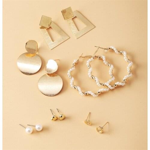51794 new earring set 6-pair creative metal geometric Pearl Ring Earring Set