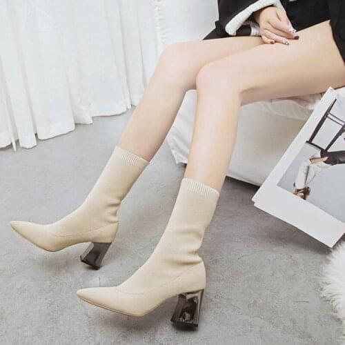 New Fashion Short Boots Women Pump Autumn Winter Chunky High Heel Pointed Toe Wild Socks Boots Ladies Slim Elastic Sexy Booties