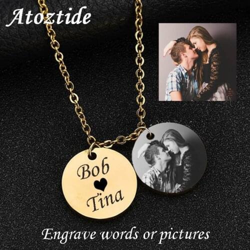 Atoztide Stainless 2 Circles Round Pendant Necklace For Women Engraved Letters Coin Chain Necklace Gift