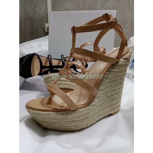Platform Wedges Sandals Open Toe Ankle Strap Weave Rome Dress Shoes High Heel Apricot Nude Summer Sandals Shoes