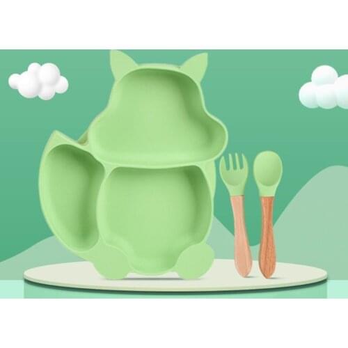 T5EC 5 Pcs Baby Silicone Bibs Squirrel Divided Dinner Plate Sucker Bowl Spoon Fork Set Training Feeding Food Utensil Dishes Kit