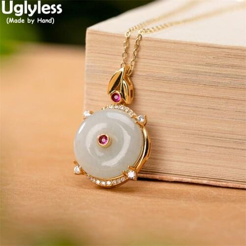 Uglyless Handmade Bamboo Leaves Pendants for Women Emerald Peace Buttons Necklaces NO Chains 925 Silver Crystals Vintage Jewelry