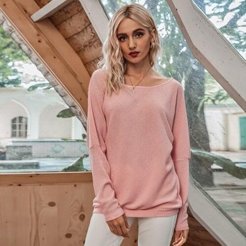 Women Batwing Sleeve Knit T-shirt Top Autumn Winter New Solid Casual Loose O-neck Pullovers Top Sexy Off Shoulder T-shirt