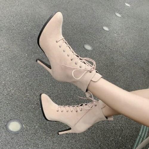 Sianie Tianie Winter Solid Nude Black Color Lace-up Woman Stilettos Boots 10cm Super Thin High Heels Fashion Women Ankle Boots
