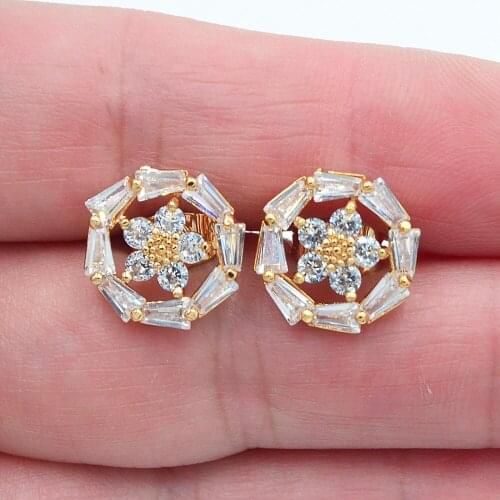 Gold Color Women Fashion Clear White Zirconia CZ Flower Stud Earrings Jewelry