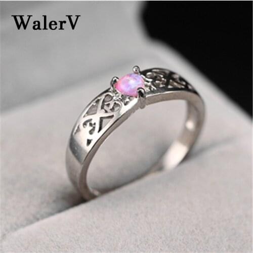 WalerV Black Gold Ring for Women Set Charm Romantic Hollow Heart Shape Pink Fire Opal Stone Wedding Jewelry