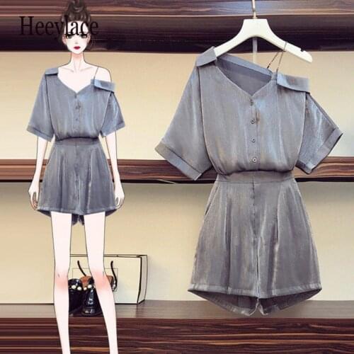 Plus size women Summer korean two piece set for women slash neck blouse top and elastic waist shorts set ladies Solid tracksuits