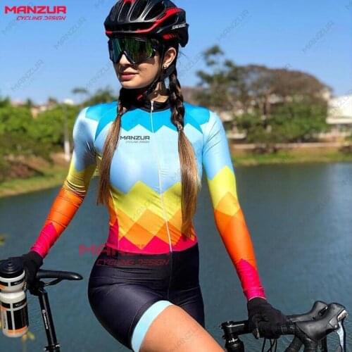 MANZUR Women`s Cycling Jumpsuit Triathlon Long Sleeve Cycling Jersey Sets Skinsuit Maillot Ciclismo Bicycle Clothing Bike Shirts