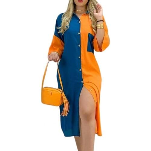 70% Hot Sell Women Dress Single-breasted Color Block Floral Print Loose Midi Dress Streetwear for Office