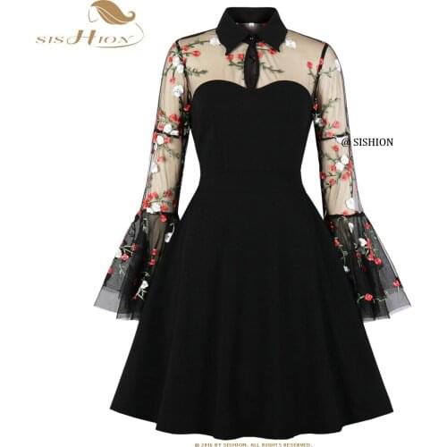 SISHION Retro Vintage Mesh Embroidery Halloween Party Dress VD2240 Floral Flare Sleeve Women Black Gothic Dress