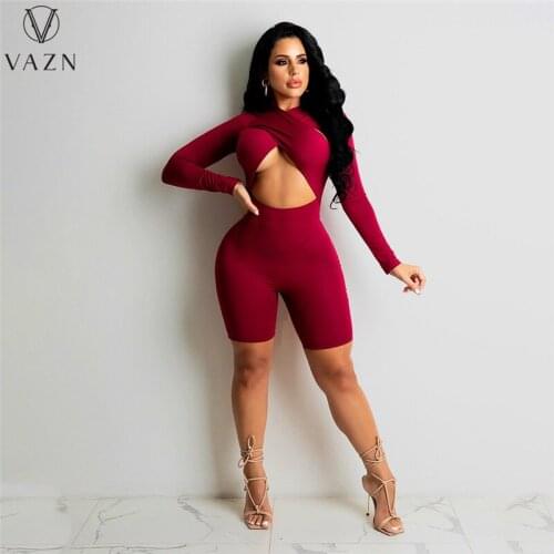 VAZN 2021 Autumn Solid Hollow Out Sexy Open Young Fashion Halter Full Sleeve Women High Waist Skinny Playsuits