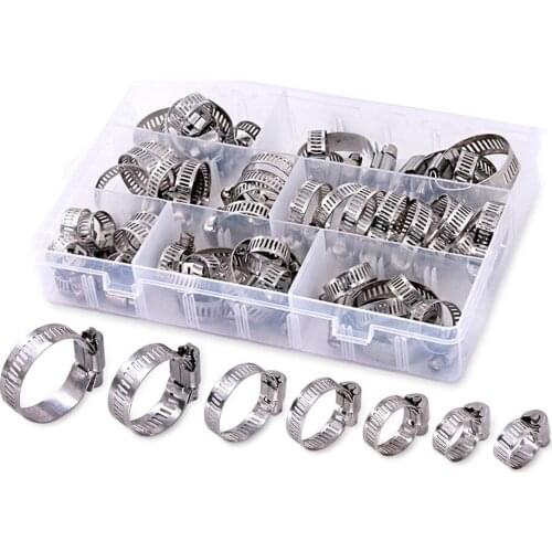 60PCS Hose Clamp Set Piece Adjustable 8-38mm Range Stainless Steel Worm Gear Hose Clamps Assortment Kit for Pipe, Plumbing