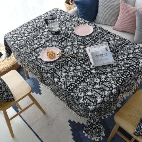 White black geometric thicken tablecloth tassel fringes cloth cover for table cloth dinning room decor