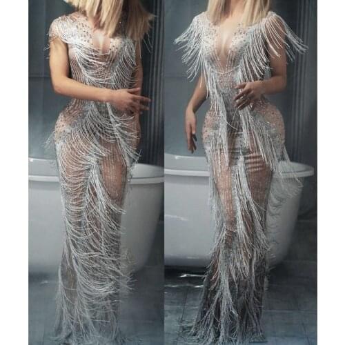 Sparkly Rhinestones Fringes Long Dress Womens Birthday Celebrate Party Bodycon Dress Evening Wear Female Singer Stage Costume
