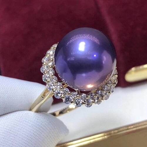D313 Fine Jewelry 14K Yellow Gold 12-13mm Natural Fresh Water Purple Pearls Rings for Women Fine Pearls Rings
