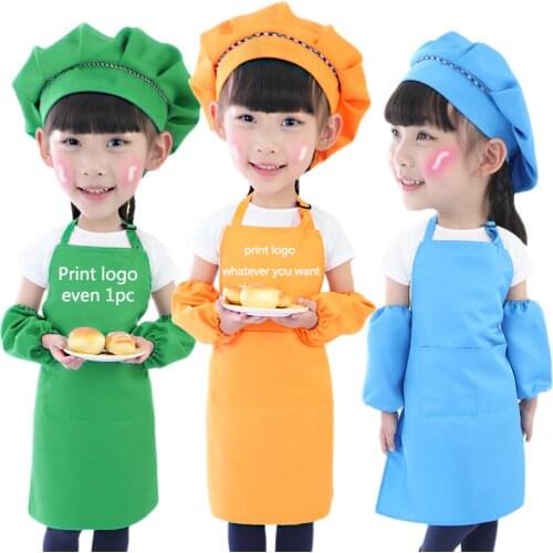 Children Apron Kids Sleeves Hat Set Big Pocket Kitchen Baking Painting Cooking Craft Art Bib Pinafore 9 Colors Print Logo