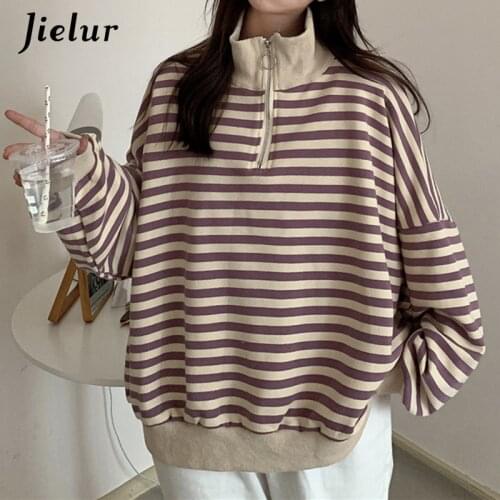 Jielur Fashion Spell Color Black Stripe Women Sweatshirt 2021 Autumn High Street Oversized Hoodie Female Pullover Turtleneck Top