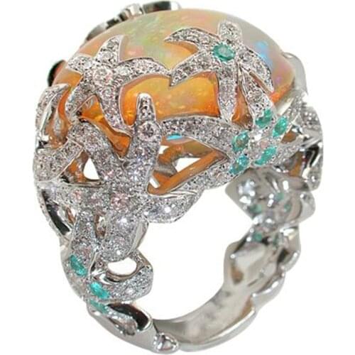 Fashion Women Engagement Ring Natural Style Orange Fire Opal Stone Bright Star Crystal Rings for Girl Birthday Best Gift