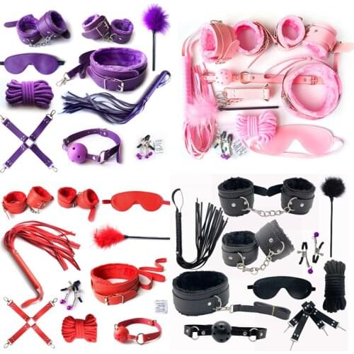 Bondage BDSM Kits Exotic Sex Products for Adults Games Leather Ten 10 PCS Handcuffs Black Wolf Sex Toy Women Sex Accessories