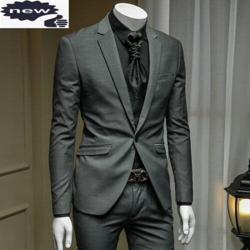 Office Classic Business Gray Mens Suit Set Elegant Slim Fit Dress Blazer Straight Pencil Pants Male Wedding Formal Groom Suits