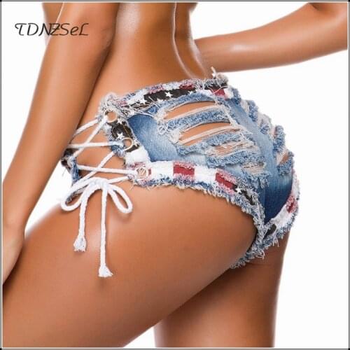 Sexy Low Waist USA Flag Patchwork Denim Thongs Back Ripped Hole Hollow Side Bandage Jean Shorts Women Spodenki Damskie Jeansowe