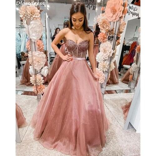 Rose Pink Evening Dress A-line Tulle Elegant Strapless Sleeveless Floor Length Beads Crystal Sweetheart Neck Prom Dress платье