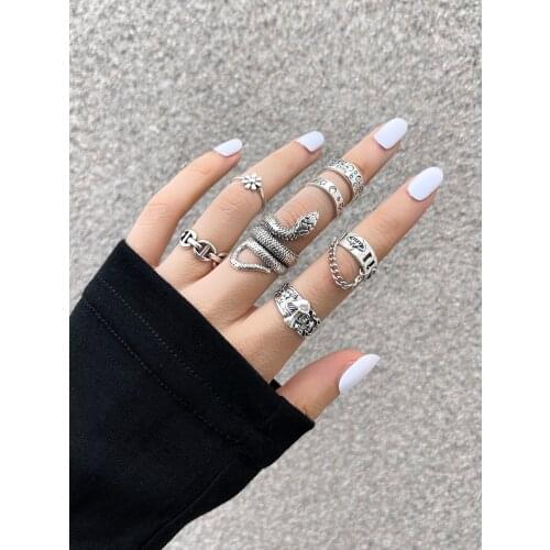 Stillgirl 7Pcs Punk Snake Silver Color Chain Rings for Women Vintage Mushroom Butterfly Stranger Things Couple Fashion Jewelry