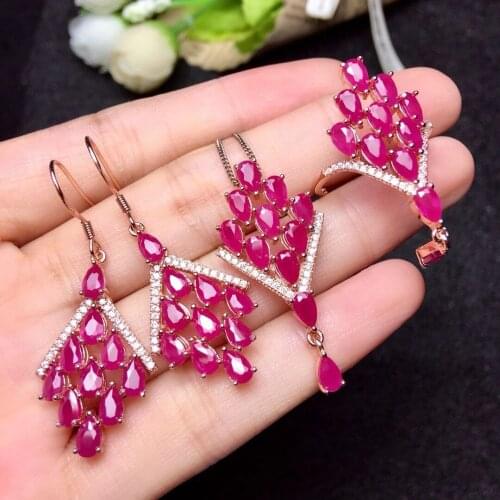 Wedding Set 100% Natural And Real Ruby Jewelry Set 925 Sterling Silver 1pc Ring,1pc Pendant,2pcs Earring
