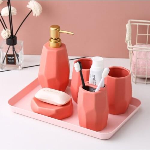 European-style Solid Color Ceramic Wash Set Bathroom Five-piece Teeth Brush Cup Lotion Bottle Soap Dish Tray Kit Bathroom Decor