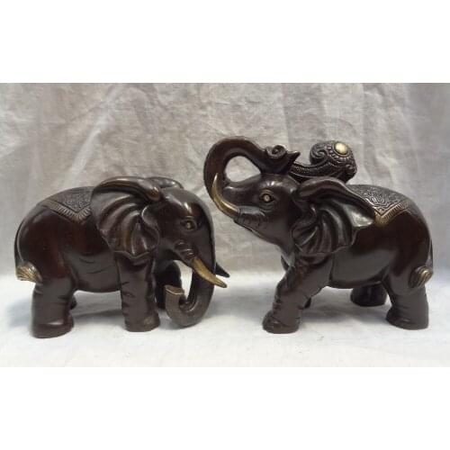 Xd 002209 Chinese Pure Bronze Animals Wealth YuanBao RuYi Fu Strong Elephant Statue Pair