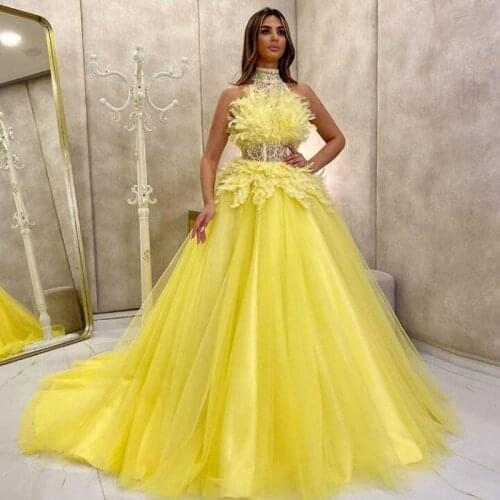 Bright Yellow Puffy Tulle Long Prom Gowns Lace High Collar Feather A-line Birthday Women Party Dresses