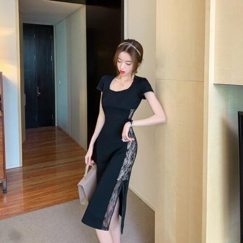Lace Up Dresses for Women Square Collar Black Low-cut Summer Style Sexy Club Dress Party Evening Elegant New Fashion Brand