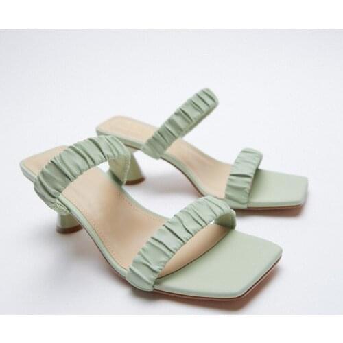LMCAVASUN Womens Shoes in 2021 New Summer Green Square Toe Fold Womens Slide Sandals Thin High-heeled Sandals French Style