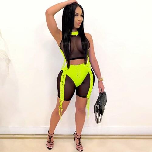 Sexy See-through Bandage Two Piece Set Women Clothing Sets Festival Party Club Outfits Side Lace Up Crop Tops and Shorts Set