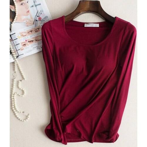 Bra Padded Basic T-shirt Women Modal Long Sleeve O Neck Solid Tee Shirt Built In Bra Casual Soft Breathable Tee Tops 2018