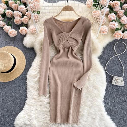Autumn Elegant Women Solid Knit Dress Sexy Black V-Neck Long Sleeve Package Hip Bodycon Midi Dress Female Robe 2021 Vestidos
