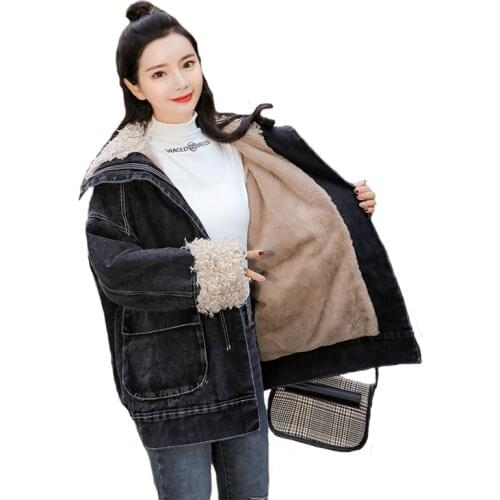 Winter New Denim Cotton Coats Outerwear Loose Woman lambswool Thick warm Denim Jacket Jeans Fashion Wild Bomber Clothes Womens