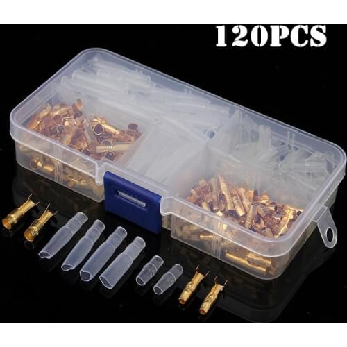 120Pcs Brass Bullet 3.5mm Wire Connectors Male & Female Crimping Terminals Set with Insulated Cover Gold / Transparent Kit