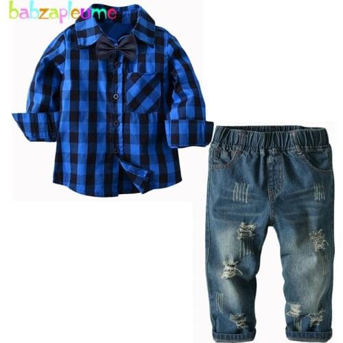 2PCS/Spring Fall Kids Wear Fashion Plaid Baby T-shirt+Jeans Toddler Clothes For Children Outfits Infant Boys Clothing Set BC1762