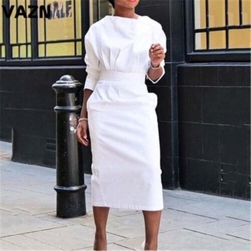 VAZN 2020 Top Quality White Sexy Club Backless Open Sweet Free Young Style Full Sleeve Women High Waist Straight Midi Dress