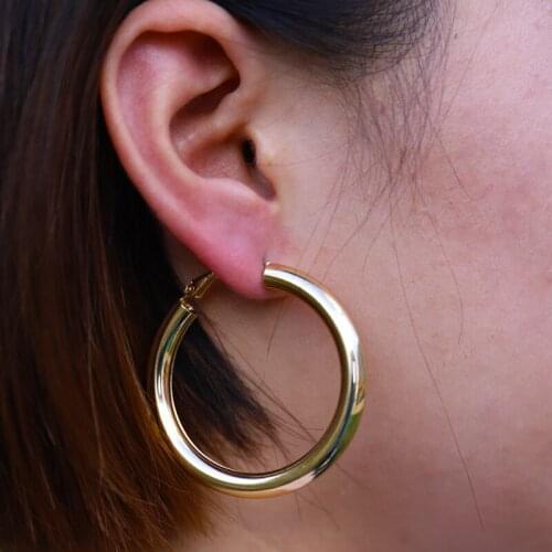 1 Pair Of Small Big Golden Steel Empty Tube Circle Round Earrings, Punk Smooth Classic Low Price Hip Hop Hoop Earrings Jewelry