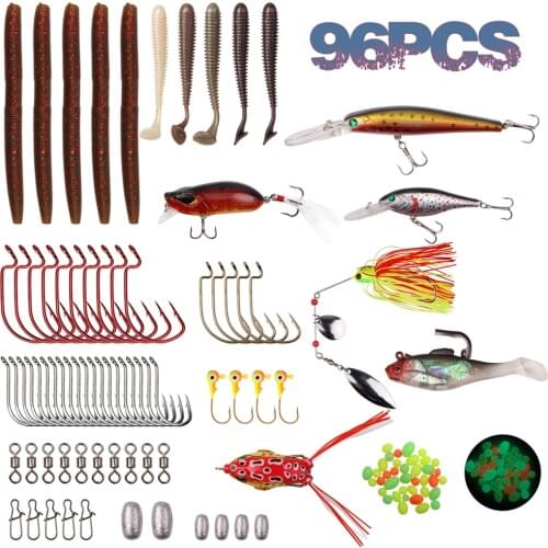 96Pcs Fishing Tackle Box Lure Kit Crankbait Jigs Spinnerbait Swimbait Sinker Weight Barrel Swivel Worm Octopus Hooks For Bass