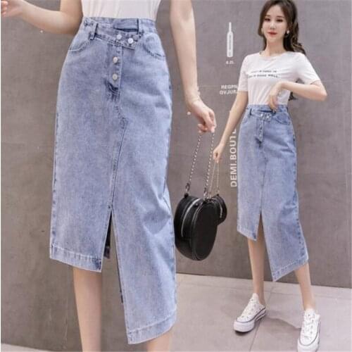 High Waist Denim Long Skirt Irregular Was Thin Women Skirts 2020 Solid Color Mid-length Denim Skirts Mid-length Skirts