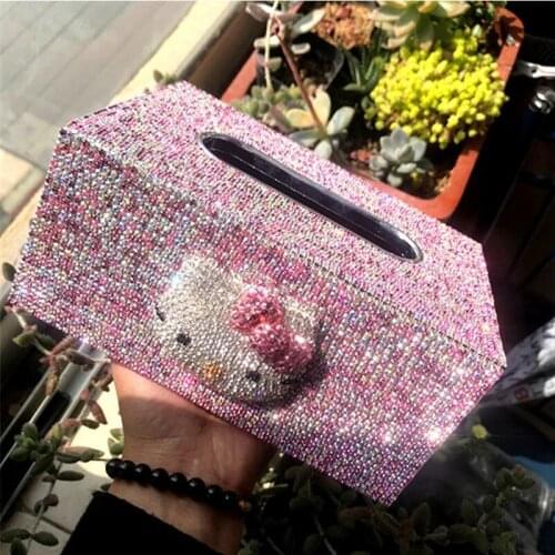 Home Kitchen Boxes for Decoration Container Car Tissue Box Bling Cat Napkin Holder Handmade Rhinestone Car Tissue Paper