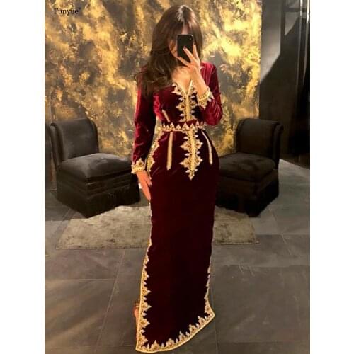 Elegant Morocco Caftan Evening Dresses 2021 New Arrival Charming V Neck Long Sleeve Mermaid Prom Dress Velvet Vestido De Festa